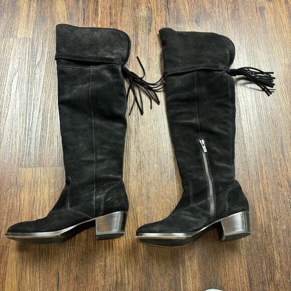 Frye Clara Over The Knee Suede Tassel Tie Boots Black Women’s 6.5 - Picture 1 of 7